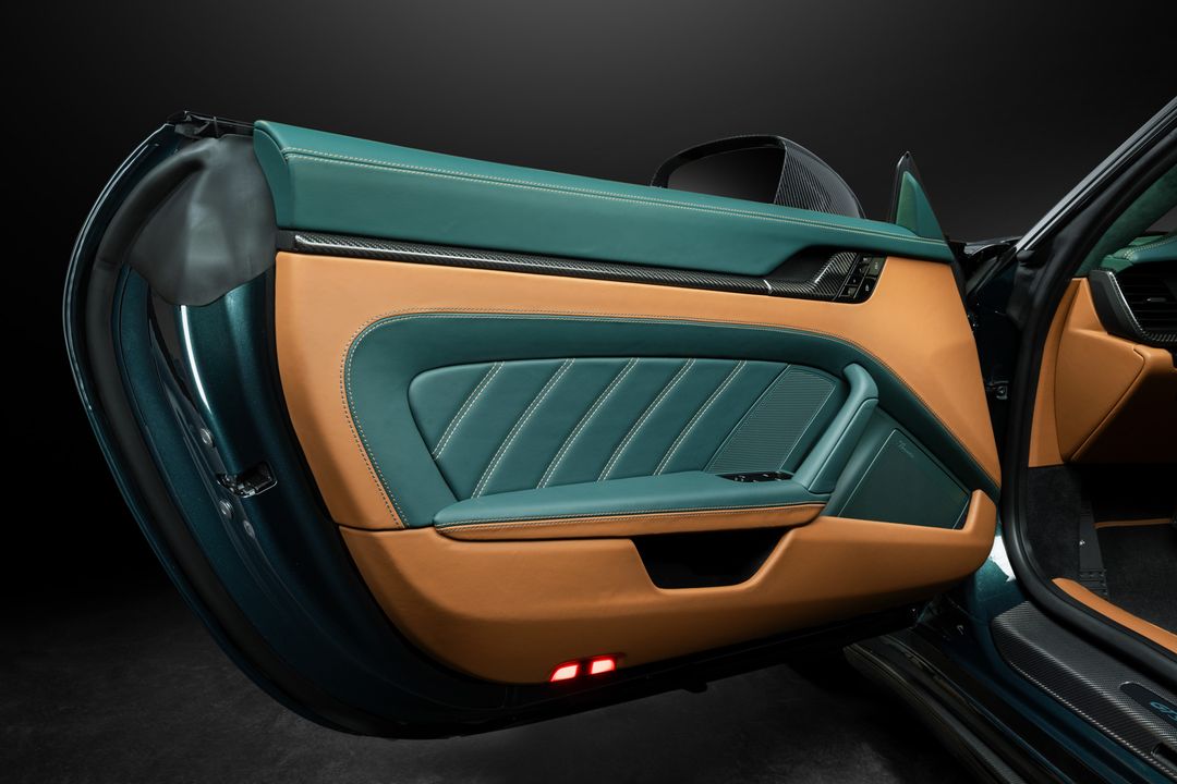 TECHART 992.1 installed carbon door trim and optional carbon door opener; custom upholstery shown