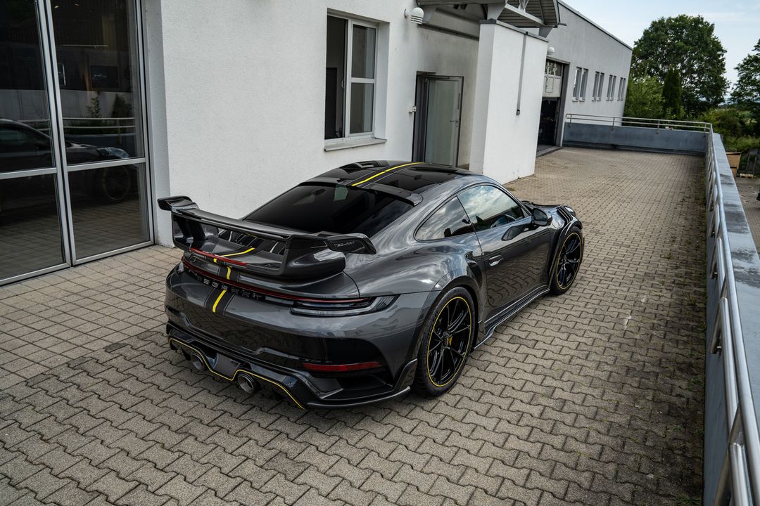TECHART GTstreet R AeroKit installed on Porsche 911 992.1 Turbo – rear three-quarter view